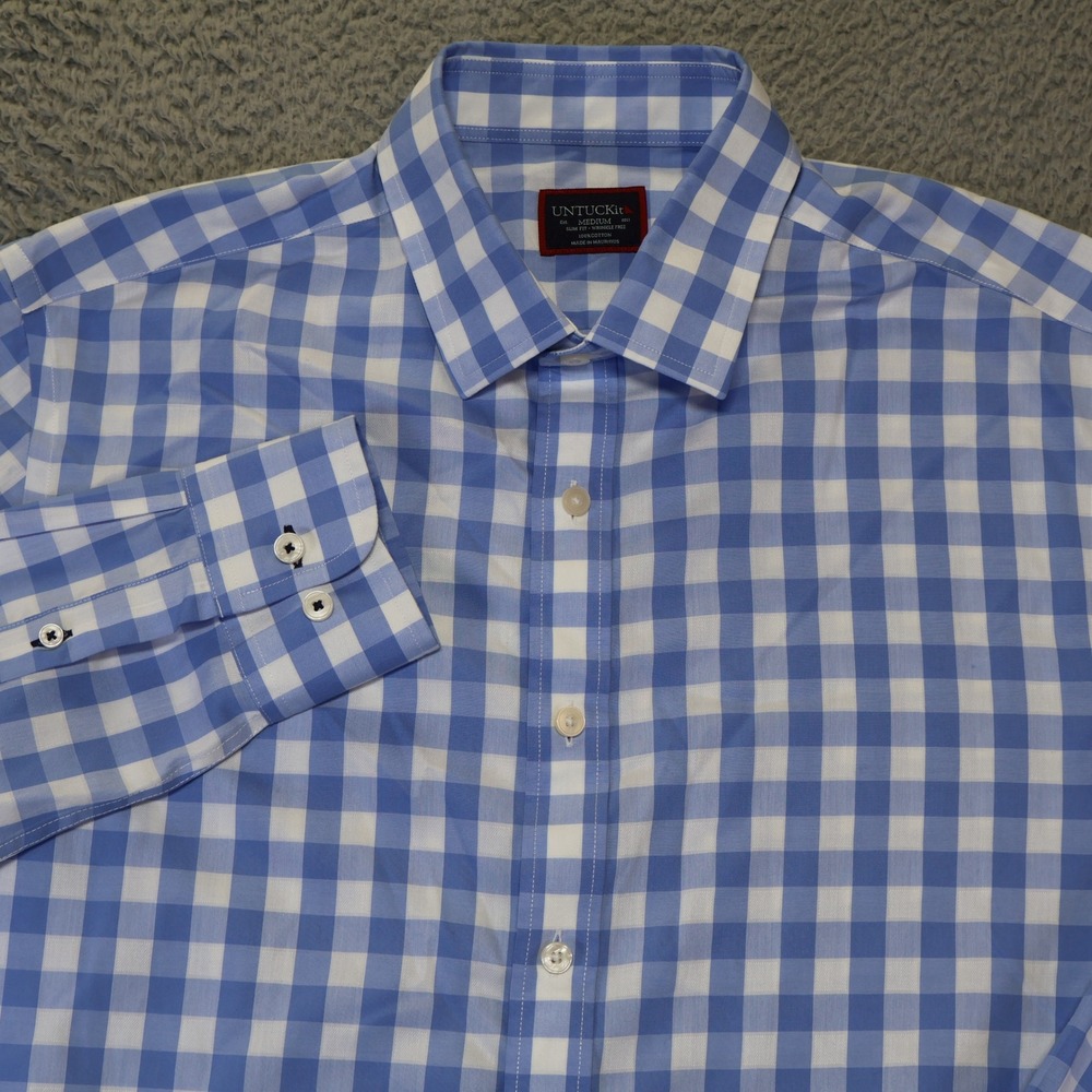 UNTUCKit Groppello WF Slim Fit Wrinkle Free Gingham Shirt Blue White Mens Medium